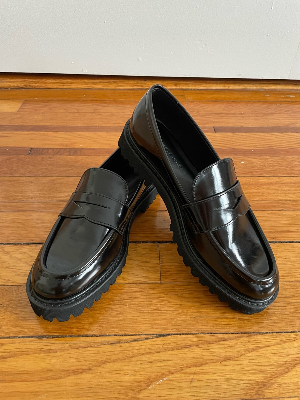 Charles & Keith Black Patent Loafers with Lug Sole